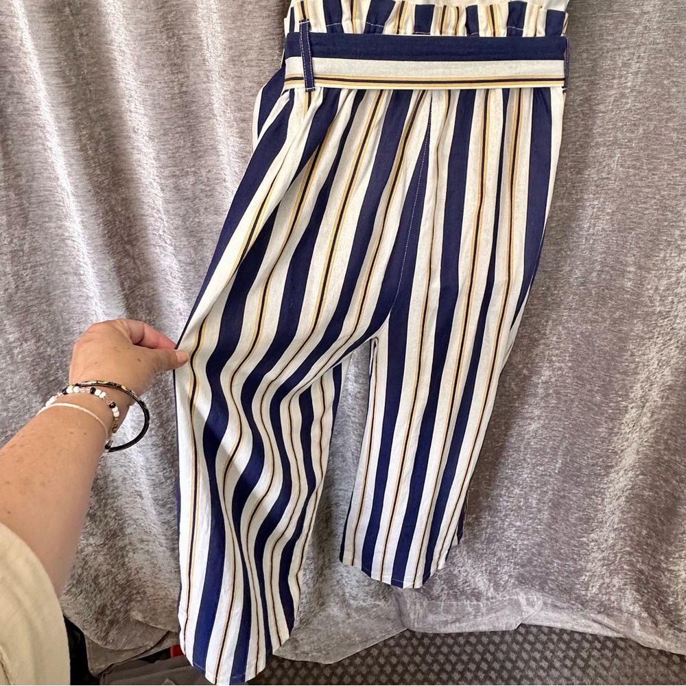 E & M White Blue and Mustard Striped Belted Overall Jumpsuit Women's Size L - Picture 13 of 14
